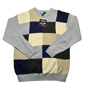 Veezo‎ Sweater Mens 3XL Gray Navy Colorblock Checkerboard Crewneck Pullover B903